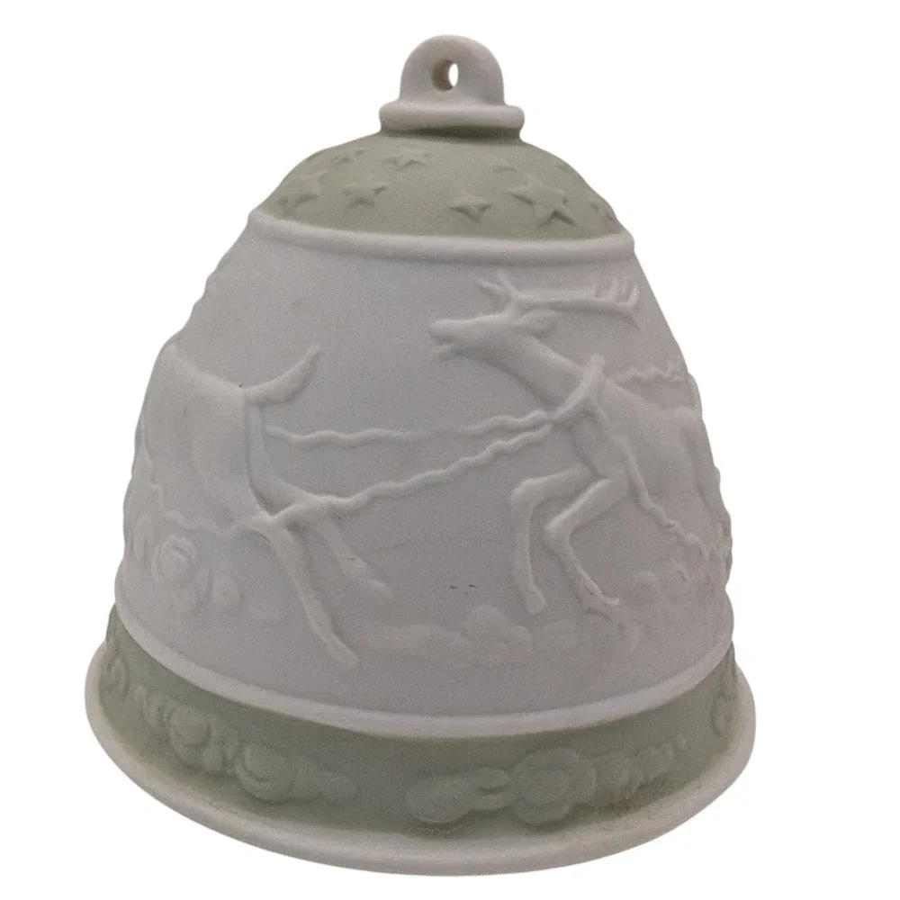 Vintage Lladro Christmas Bell Ornament 1988 Green Santas‎ Sleigh Porcelain Spain